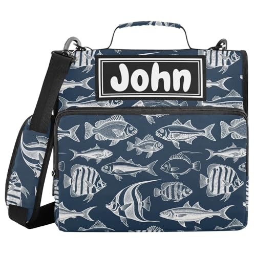 Fish Vintage Print Custom Zipper Binder Bag 3 Ring with Shoulder Strap & Handle Personalized Binder Bag Expandable File Folder for School - color: Multi-fish Vintage