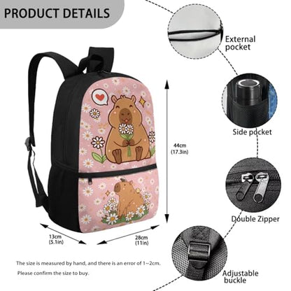 Kawaii Capybara 5 Piece School Bag Set for Kids with Lunch Bag Pencil Case and Water Bottle Carrier Backpack for Elementary School and Travel - color: Kawaii Capybara