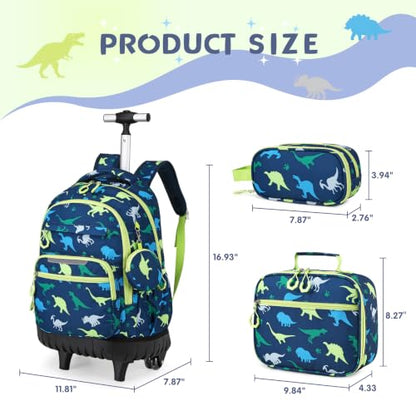 Rolling Backpack for Boys, 3PCS Roller School Backpacks for Boys with Lunch Bag and Pencil Pouch, Kids Bookbag School Bag with Wheels for Kindergarten Elementary Middle School Travel - color: Green Dinosaur