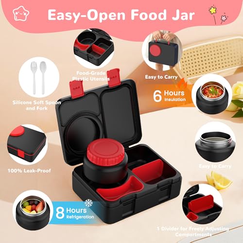 Bento Box for Kids, Leakproof Kids Bento Lunch Box Container with 8oz Insulated Thermo Food Jar, Sauce Jar, Utensil, DIY Stickers for School Boys Girls, 3-4 Compartments, BPA-Free - color: Black Red