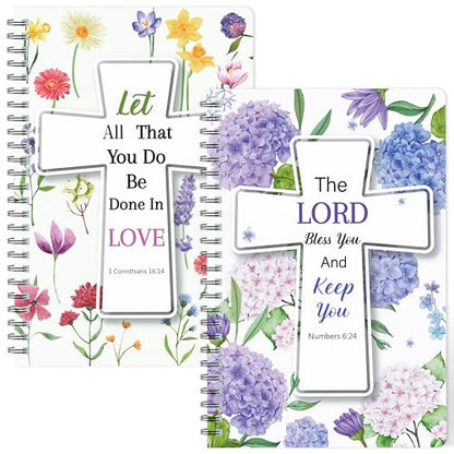 Xqumoi 2Pack A5 Floral Cross Religious Spiral Notebooks - Bible Verses Writing Notebooks, Ruled Lined Journal, Inspirational Christian Christmas Gift, Sunday School Supply (Purple & Yellow) - style: E-Purple Yellow Floral