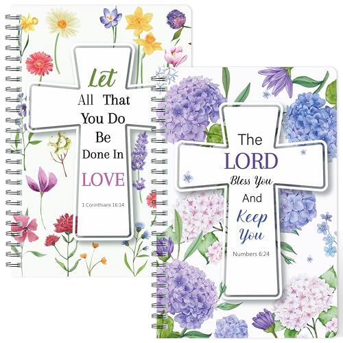 Xqumoi 2Pack A5 Floral Cross Religious Spiral Notebooks - Bible Verses Writing Notebooks, Ruled Lined Journal, Inspirational Christian Christmas Gift, Sunday School Supply (Purple & Yellow) - style: E-Purple Yellow Floral