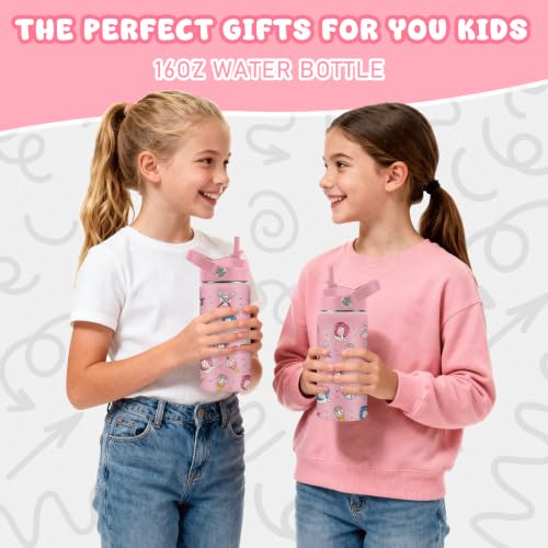 Hiboss Baseball Pink Water Bottle for Girls, 16oz Kids Stainless Steel Insulated Water Bottle with Straw Lid, Ice Cream Baseball Cup Tumbler Birthday Gift for Girls - color: Baseball