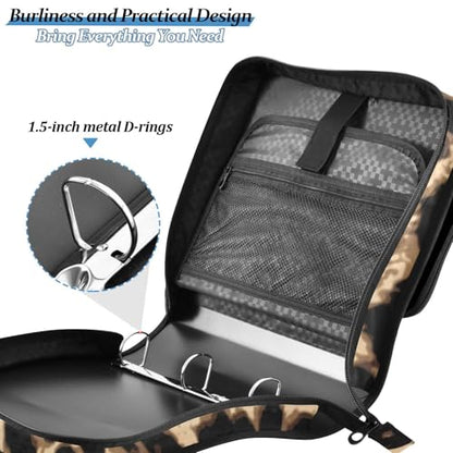 Bolaz Durable 3 Ring Binder Bag with Zipper,Brow-Black Leopard Print,1.5 Inch Multi-Pockets Organizer with Shoulder Strap and Handle - color: Brow-black Leopard Print