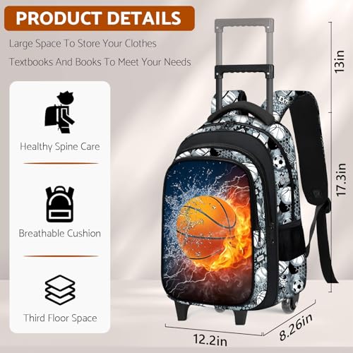 Boys Rolling Backpack for Kids - Basketball Kids Rolling Backpack with Wheels for Elementary Middle School Students - Sport Roller School Bookbag Aged 6-18, Wheeled Travel Bag Large Capacity - color: Basketball-001-backpack Only