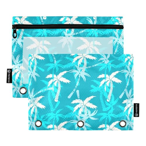 Tropical Coconut Palm Trees Blue Pencil Pouch for 3 Ring Binder, Three Hole Pencil Case for Binder Bulk Pencil Bag with Clear Window and Zipper for Office School College, 2 Pack, 9.84*7.08in - color: Multicolor 25