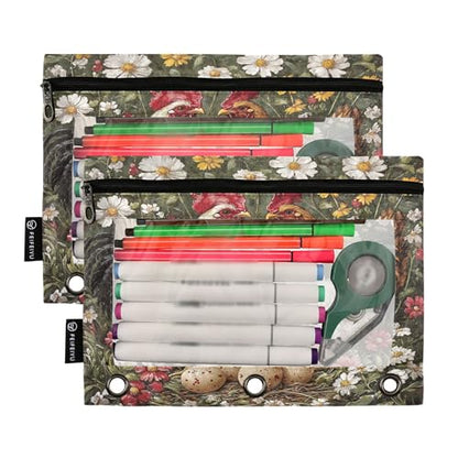 Rooster Binder Pouches 3 Ring for Boys Girls School Office College Supplies Rural Style Chicken Daisy Flower Pencil Pouches Case Bag with Clear Window and Zipper 2 Pack - color: Rooster