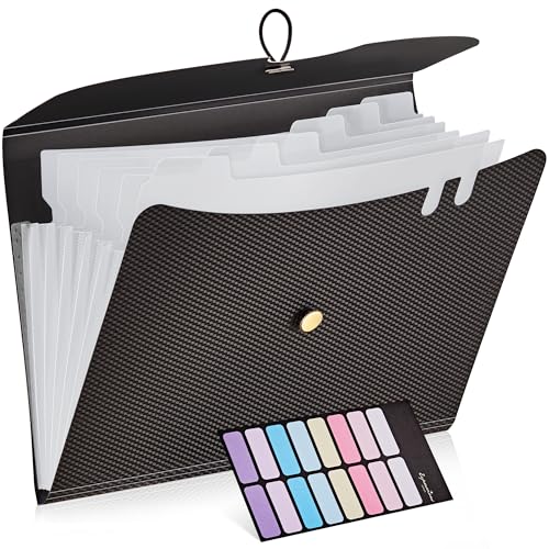 JARLINK 7 Pockets Expanding File Folder, A4 Size Accordion File Folders with 12 Labels, Cute Paper Organizer, Portable Document Organizer for Home College School Office Supplies, Black - color: Black