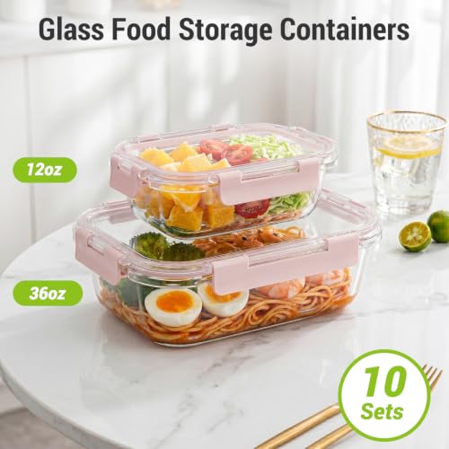 Dealusy 10 Sets (20-Piece) 36 oz & 12 oz Glass Food Storage Containers with lids, Airtight Leak-proof Glass Meal Prep Containers with Lids, Microwave Oven Freezer Dishwasher Safe, Pink - color: Pink