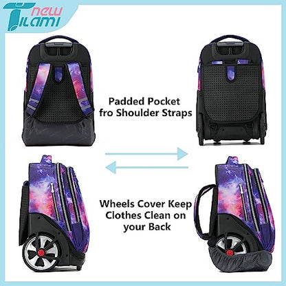 NEW TILAMI 19 inch Rolling Backpack Teens Rolling Backpack Cute Wheeled Laptop Backpack Bookbag Roller Travel Bag College, Starry Purple - color: Purple Starry