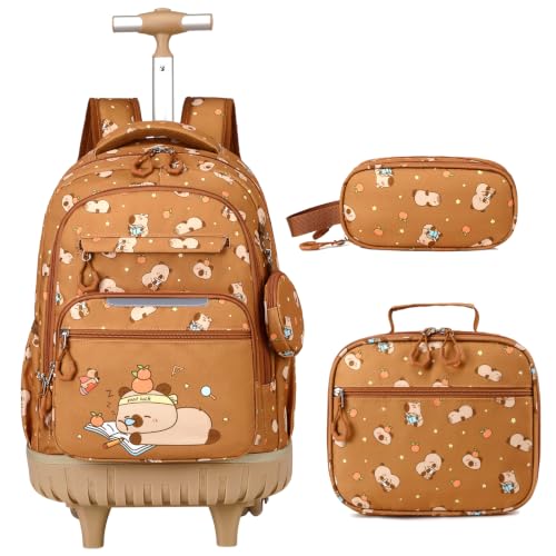 Rolling Backpack for Girls Boys, 3PCS Roller School Backpacks for Girls with Lunch Bag and Pencil Pouch, Kids Bookbag School Bag with Wheels for Kindergarten Elementary Middle School Travel - color: Brown