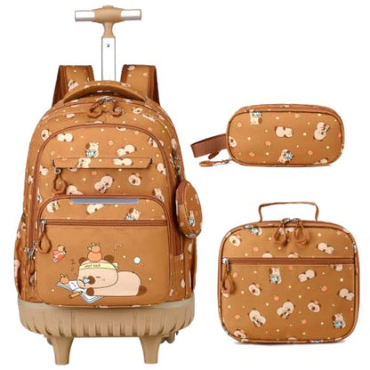 Rolling Backpack for Girls Boys, 3PCS Roller School Backpacks for Girls with Lunch Bag and Pencil Pouch, Kids Bookbag School Bag with Wheels for Kindergarten Elementary Middle School Travel - color: Brown