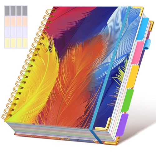 Spiral Notebooks 8.5"x11" for Work with Removable Dividers Tabs,300 Pages 5 Subject Notebook College Ruled,100GMS Notebook journal for School Note taking,Lined Journal for Women,A4 Colorful Feather - color: Colorful Feather, size: A4（8.5" x 11"）