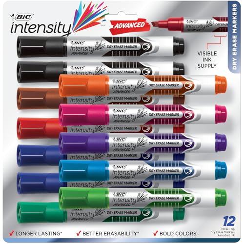 BIC Intensity Advanced Colorful Dry Erase Markers, Chisel Tip, 12-Count | Assorted Colors for Versatile Use | Liquid Ink Flows Smoothly | Non-Toxic, Low Odor, And Safe for Classrooms - size: 12 Count (Pack of 1)