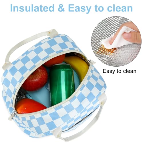 LEDAOU Kids Lunch Bag for Girls, Insulated School Lunch Box, Lightweight | Insulated interior, lightweight design, front pocket, smooth dual zippers, ideal for school and travel - color: Blue White Checkered