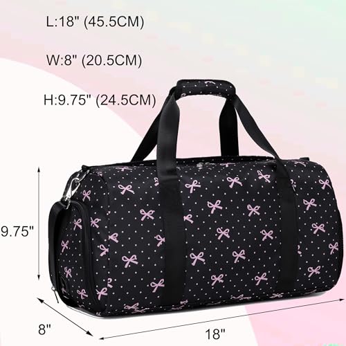 Dance Bag for Girls Ballet Duffle Gym Bag, Black Bow Print | Overnight Sleepover Bags, Sports Gym Bags, Shoe Compartment, Wet Pocket - color: Black Bow