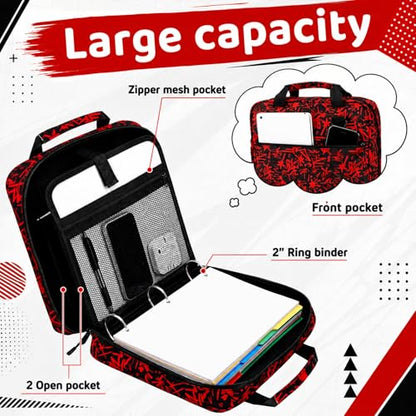 Zipper Binder Folder Keeper with Strap 2 Inch 3 Ring Multi-Pocket Zipper Bag for 13" Laptop 5-tab Expanding File Folder for Women Men Office Middle High School(Red,Lightning) - color: Red, style: Lightning