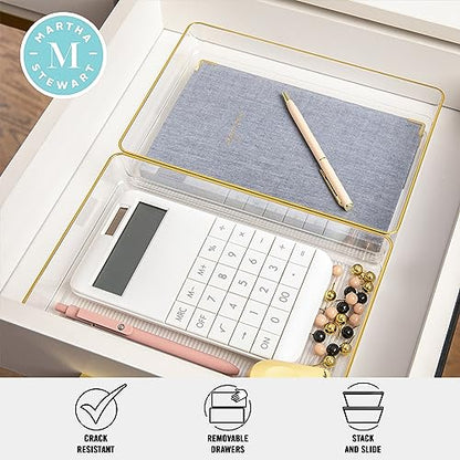 Martha Stewart Kerry Plastic Stackable Office Desk Drawer Organizers, 9" x 6", 3 Pack, with Gold Trim - size: 9" x 6"