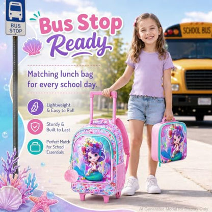3Pcs Rolling Backpack for Girls, Kids Roller School Backpack with Wheels, Mermaid Wheeled Bookbag for Elementary Preschool Kindergarten(Pink) - color: Mermaid Pink