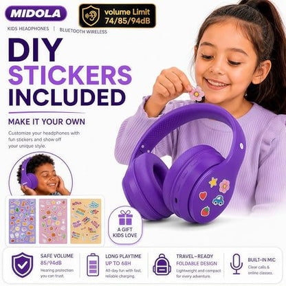 MIDOLA Kids Bluetooth Headphones 68H Play Time,Volume Limit 85/94dB, Foldable Lightweight Wireless Over-Ear Headphone for Kid Toddler Child Pad Tablet,Headsets with Built-in Mic Purple - color: Purple