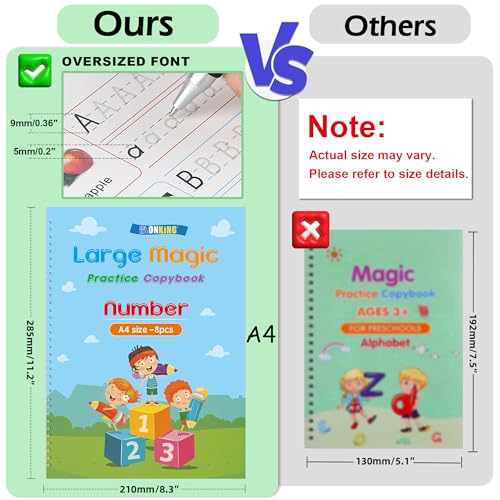 Large Magic Practice Copybook for Kids,Handwriting Grooved Practice Book 6 Pack with Pen Refill English Cursive Calligraphy Reusable Age 3-8（A4 Size） - style: 6PC Large Size