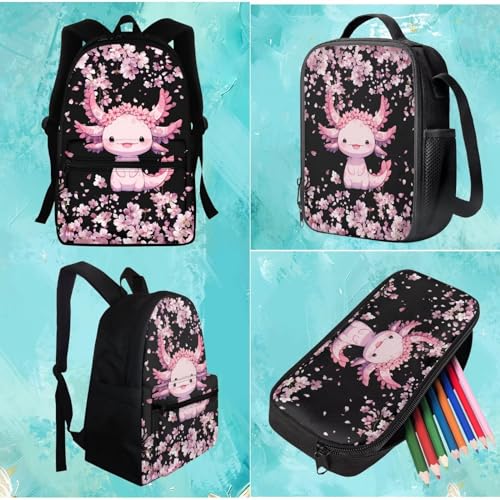 BIGCARJOB Kids Backpack Flower Axolotl School Bags for Girls 10-12 Book Bag 17 Inch Kids Children Schoolbag Large Bookbag with Lunch Box Pencil Case Set Pink Cherry Blossom Flower Axolotl Backpack Set - color: Axolotl Flower, size: One Size