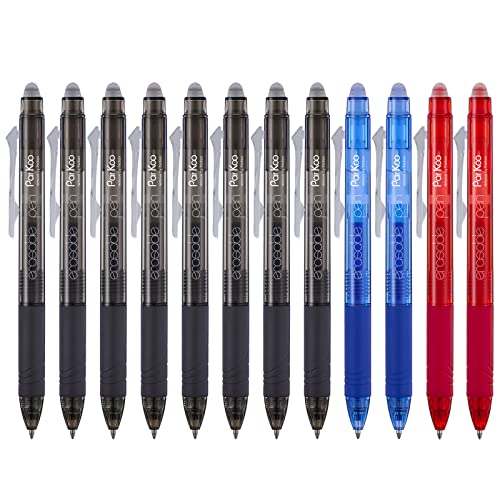 ParKoo Retractable Erasable Gel Pens Clicker Fine Point 0.7 mm, No Need for White Out, 8 Black/2 Blue/2 Red Ink for Completing Sudoku and Crossword Puzzles, 12-Pack - color: 3 Colors