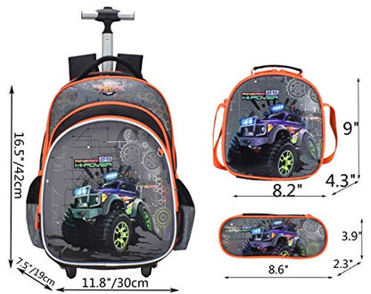 Meetbelify 3Pcs Rolling Backpack for Boys with Lunch Bag Pencil Case School Bags Wheeled Backpack - color: Gray