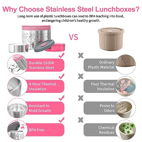 Lille Home Stainless Steel Thermal Lunch Box Set with Lunch Bag and Cultery | 22 Oz Vacuum Insulated Lunch Bento Box, to Keep Food Warm/Cool, 2 Small Food Container for Snack, Fruits and Sauces (Pink) - color: Pink