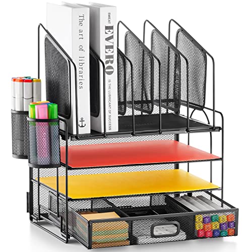 Marbrasse Desk organizer with Drawer, 4-Tier Mesh File Organizer with 5 Vertical File Holders and 2 Pen Holders, Multifunction Desktop Organizer,Desk Organizers and Accessories for Home Office - color: Black, size: 4-Tier Mesh