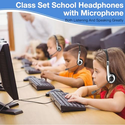 Yunsailing 30 Pack Classroom Headphones with Microphone School Student Headphones Bulk Class Set Lightweight Adjustable Earphones on Ear with 3.5 mm Jack(Silver,Plastic Stem) - color: Silver, style: Plastic Stem