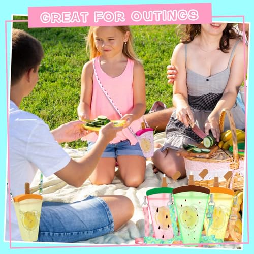 Patelai 8 Pcs 10.8oz Cute Water Bottles with Straw Kawaii Ice Cream Cups Leak Proof Drinking Bottles with Adjustable Shoulder Strap for Sports Travel Camping (Watermelon) - style: Watermelon