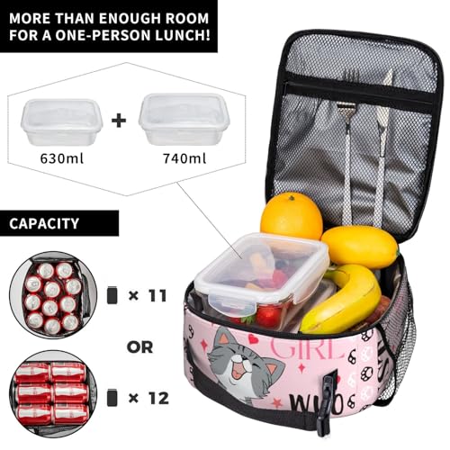 Cute Cat Pink Lunch Bag Large Capacity Heat Insulated Lunch Box, Just A Girl Who Loves Cats Leakproof Durable Portable Reusable Handbags Thermal Cooler Tote Bag for School - color: Cute Cat