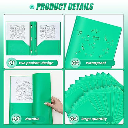 Yeaqee 150 Pack Plastic Folders with Prongs Heavy Duty Plastic 2 Pocket Folder with 3 Prongs, Business Card Slot for Back to School Office Home 11.6 x 9.5 Inch (Green) - color: Green