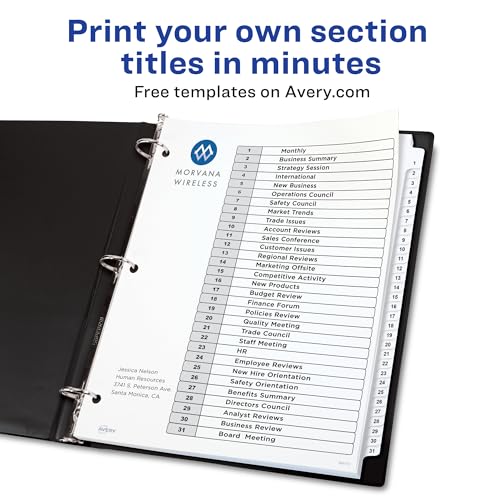 Avery 1-31 Dividers for 3 Ring Binders, 31 Tabs per Set, Customizable Table of Contents, Classic White Tabs, Great for Organizing Reports, Projects, and More (11128) - size: One Size, style: 1 Set