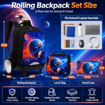 AGSDON Quiet Rolling Backpack with Lunch Box Set – Large‑Wheel Water‑Resistant Wheeled Bag for School, Outings, and Travel | Galactic Earth 3‑Piece Organizer Backpack - color: Big Wheel Rolling Backpack Galactic Earth