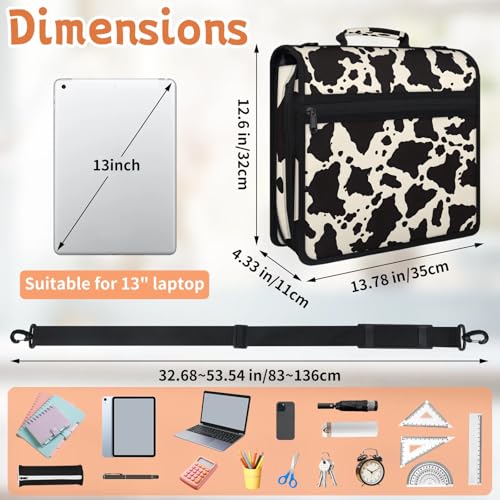 Boho Milk Print Zipper Binder, 3 D-Ring Expanding File Folder with Handle & Adjustable Shoulder Strap, 400 Sheets Capacity Multi-Pocket Organizer for 13 Inch Laptop - color: Boho Milk Print