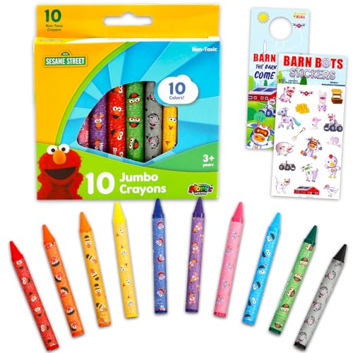 Sesame Street Jumbo Crayons for Toddlers - Bundle with 10 Chunky Coloring Utensils for Toddlers Featuring Elmo for Classrooms | Sesame Street Beginner Crayon Set