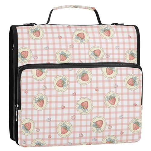 Zipper Binder Bag 3 Ring File Folder Portfolio Organizer Zippered Binder Bags with Strap Fits Laptop Women Men - color: 14strawberry Heart Gingham