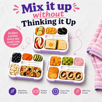 kinsho Glitter Lunch Box Bento-Boxes for Girls, Meal and Snack Containers for Toddler Daycare, School, Travel, 6 Divided Sections, Cute Bentobox, Leak-Resistant, Utensils, Purple Lilac Sparkle - color: Purple Glitter