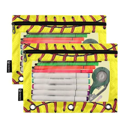 Fisym Softball Baseball Yellow Pencil Pouch for 3 Ring Binder Pencil Case Pencil Bag Zipper Pouch with Clear Window for Office 2 Pack