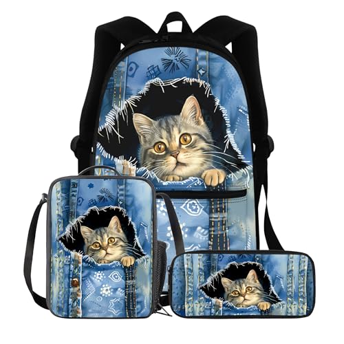 BIGCARJOB Funny Denim Cat School Backpack Set for Teen Girls Boys Backpack with Insulated Lunch Bag Pencil Pouch for Kids Elementary Primary Middle School,Cute Student Bookbag Schoolbags Set of 3 - color: Funny Denim Cat, size: One Size