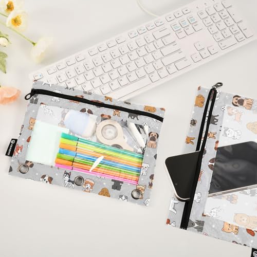 Cute Dog Pencil Pouch for 3 Ring Binder, Binder Pencil Pouches with Clear Window Zipper Pencil Case for Office College Supplies, 2PCS (B0319) - color: B0319