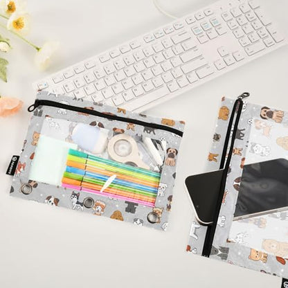 Cute Dog Pencil Pouch for 3 Ring Binder, Binder Pencil Pouches with Clear Window Zipper Pencil Case for Office College Supplies, 2PCS (B0319) - color: B0319