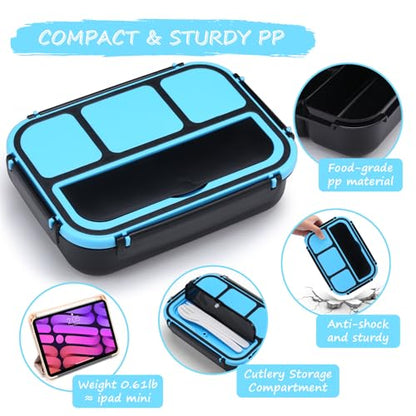 QQKO Bento Box for Kids Adults, School Toddler Lunch Box for Boys Girls, Lunch Box Containers with 4 Compartments, Sauce Container, Utensils, Food Picks and Muffin Cups for School, Black Blue - color: Black Blue