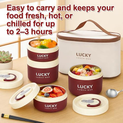 Portable Insulated Lunch Containers, Stainless Steel Bento Box Adult Lunch Box with Insulated Lunch Bag, 4 Separate Stackable Lunch Container for Adult, Red - color: 4 Tier-Red