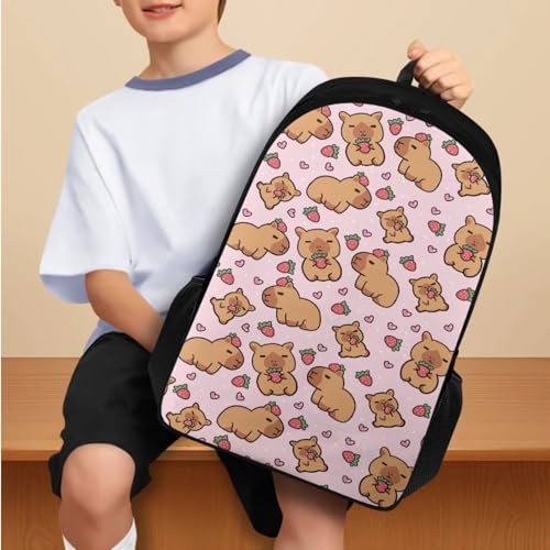 Strawberry Capybara Bag,Cute Bookbag School Supplies for Kids Back to School Multifunctional Backpacks Set of 4 for 3rd Grade Boys Girls children's Lunch Box Pencil Case Water Bottle Holder - color: Strawberry Capybara Adorable