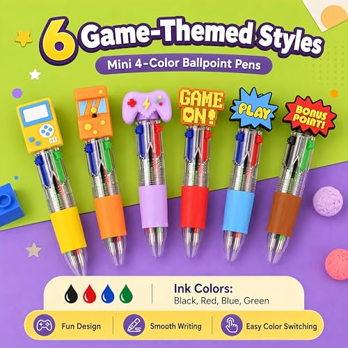 Oneshow 48 Pack Video Game Party Favors Pens Mini 4-in-1 Ballpoint Pens | Game Themed Multicolor Pen with 6 Fun Topper Styles, Gaming Pens Bulk for Classroom Prizes Goodie Bag Stuffers Birthday Gifts - style: Game-48PCS