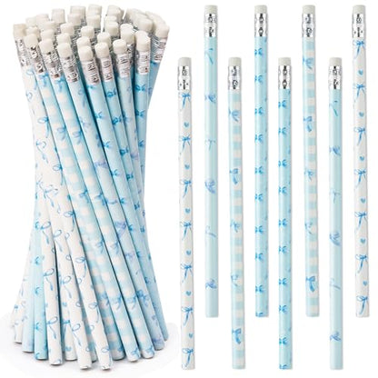 Xqumoi Coquette Blue Bow Pencils with Eraser - Preppy Bow #2 HB Pencils, Classroom Student Rewards, School Office Supply, Party Goodie Bag Fillers Stuffers, Baby Shower Party Favors - style: Blue Bow
