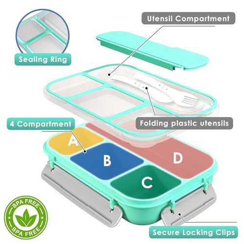 WHALEHOUSE Bento Lunch Box, 1000ML 4 Compartments Meal Prep Container with Utensil, Airtight Food Storage Container with Snap Locking Lids, Microwave/Dishwasher/Freezer Safe, On the Go - color: 1000mL-Green
